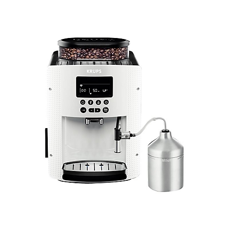 Weiße Krups Kaffeevollautomat mit Bohnenbehälter, Display, Tasten und separatem Edelstahl-Milchbehälter vor weißem Hintergrund.