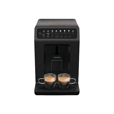 Schwarzer Krups Kaffeevollautomat mit zwei Kaffeetassen auf einer Abtropfschale vor weißem Hintergrund.