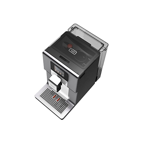 Krups Kaffeevollautomat in Schwarz und Silber aus der Vogelperspektive mit Touch-Display und Abtropfschale.