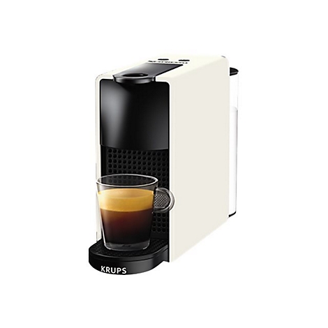 Krups Kaffeemaschine in Beige mit schwarzer Front und einer gefüllten Espressotasse vor weißem Hintergrund.