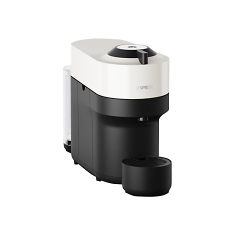 Kompakte, weiß-schwarze Nespresso-Kaffeemaschine vor weißem Hintergrund.
