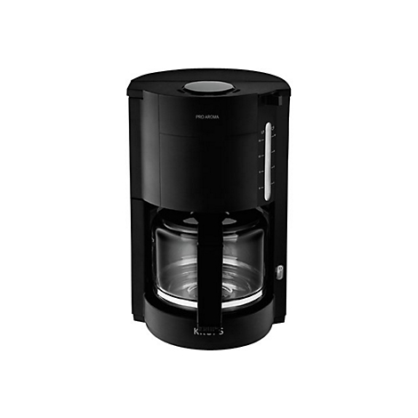Schwarze Krups Pro Aroma Kaffeemaschine mit Glaskanne vor weißem Hintergrund.