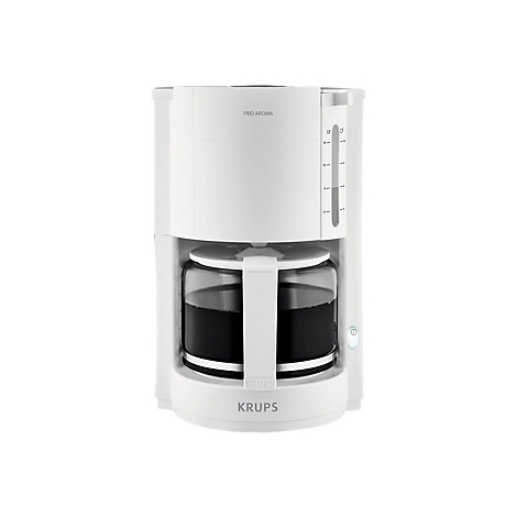 Weiße Krups Pro Aroma Kaffeemaschine mit Glaskanne auf weißem Hintergrund.