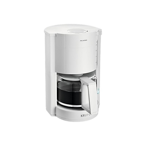 Weiße Krups Kaffeemaschine mit Glaskanne vor neutralem Hintergrund.