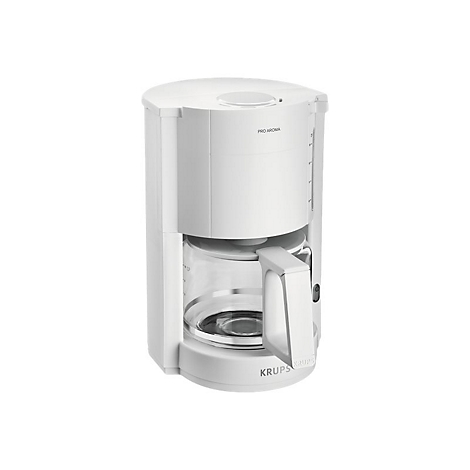 Weiße Krups Pro Aroma Filterkaffeemaschine mit Glaskanne vor weißem Hintergrund.