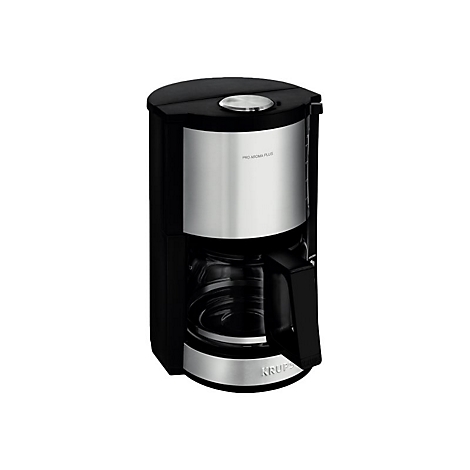 Schwarze Krups Kaffeemaschine mit silbernen Akzenten vor weißem Hintergrund.