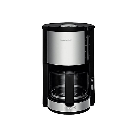 Schwarze Krups Kaffeemaschine mit silberner Front und Glaskanne vor weißem Hintergrund.
