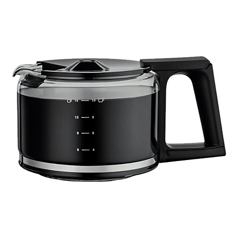 Schwarze Glaskanne einer Kaffeemaschine mit Füllstandsanzeige und Kunststoffgriff vor weißem Hintergrund.