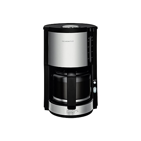 Kaffeemaschine Krups Pro Aroma Plus in Schwarz und Silber vor weißem Hintergrund.
