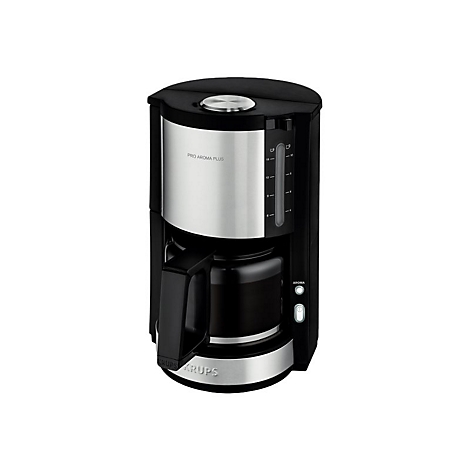 Krups Kaffeemaschine Pro Aroma Plus in Schwarz und Edelstahl vor weißem Hintergrund.