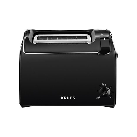 Schwarzer Krups Toaster mit zwei Schlitzen und einem Drehregler für den Bräunungsgrad.