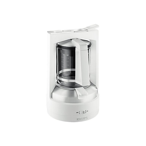 Weiße Krups Kaffeemaschine mit Glaskanne vor neutralem Hintergrund.