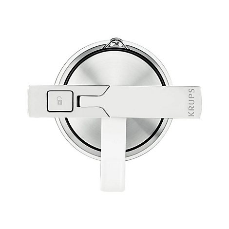 Draufsicht auf den Deckel eines Krups Wasserkochers mit einem Verriegelungsknopf und weißem Griff.