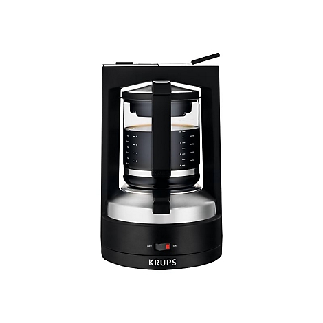 Kaffeemaschine von Krups in Schwarz und Edelstahl vor weißem Hintergrund.