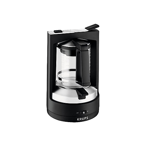 Schwarze Krups Kaffeemaschine mit Glaskanne vor weißem Hintergrund.