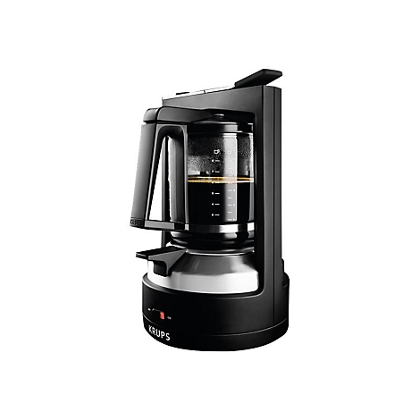 Schwarze Krups Kaffeemaschine mit Glaskanne vor weißem Hintergrund.