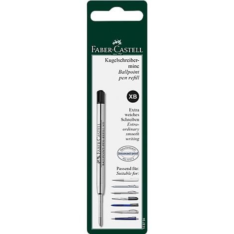Ballpoint pen refill by Faber-Castell in packaging. Prints: ballpoint pen, extra smooth writing, suitable for.