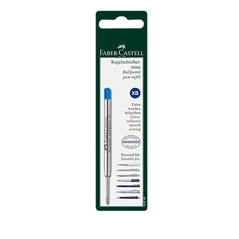 Faber-Castell ballpoint pen refill. On dark green packaging, pen with blue ink end, text: Ballpoint pen refill.