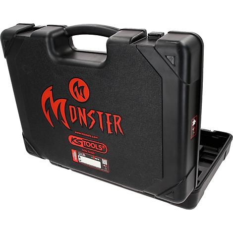 Schwarzer, teilgeöffneter Werkzeugkoffer aus Kunststoff mit rotem Monster-Schriftzug und KS Tools Logo.