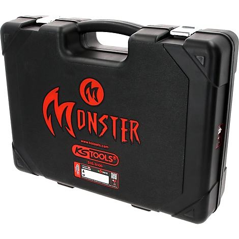Schwarzer Werkzeugkoffer aus Kunststoff mit rotem Monster-Schriftzug und KS Tools Logo vor neutralem Hintergrund.