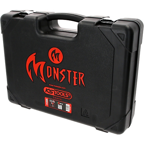 Schwarzer Werkzeugkoffer aus Kunststoff mit rotem Monster-Logo und KS Tools Schriftzug.