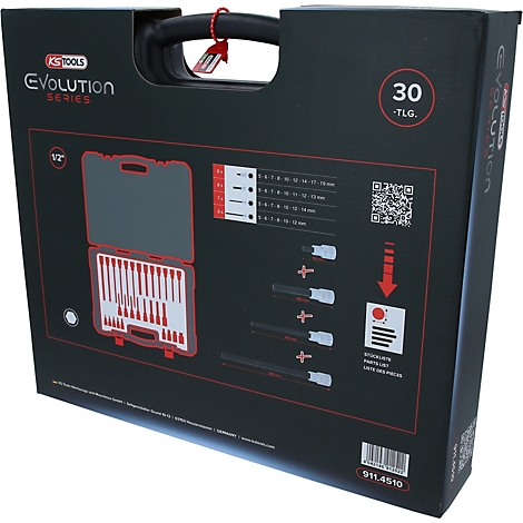 Schwarzer Werkzeugkoffer der KS Tools Evolution Series mit 30-teiligem Inhalt, abgebildet auf der Verpackung.