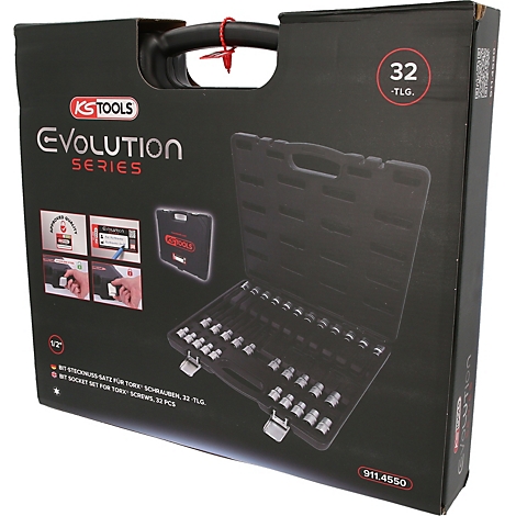 KS Tools Evolution Series 32-teiliger Bit-Stecknuss-Satz für Torx-Schrauben in schwarzem Koffer.