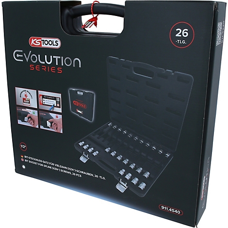 Schwarzer KS Tools Evolution Series Werkzeugkoffer mit 26-teiligem Vielzahn-Steckschlüsselsatz.