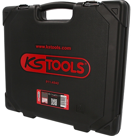 Schwarzer Werkzeugkoffer von KS Tools mit rotem Logo und Produktaufkleber.