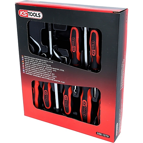 KS Tools Hakensatz 9-teilig in schwarz-roter Verpackung mit Sichtfenster.