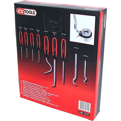 KS Tools Master Haken-Werkzeug-Satz in einer schwarz-roten Verpackung mit Abbildungen der neun verschiedenen Werkzeuge.