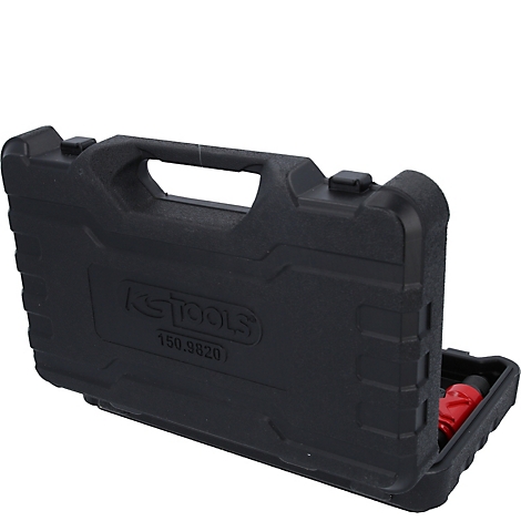 Schwarzer Werkzeugkoffer aus Kunststoff von KS Tools, Modell 150.9820, halb geöffnet vor weissem Hintergrund.