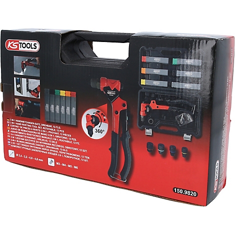 KS Tools 3-in-1 Handnietzangen-Set im Koffer mit rotierbarem Kopf und Zubehörteilen.