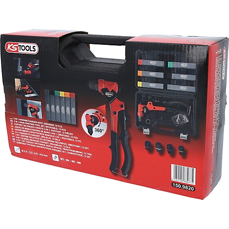 KS Tools Handnietzangen-Set in schwarz-roter Verpackung mit Produktabbildung und Zubehör.