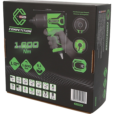 Schwarze Produktverpackung eines KS Tools Druckluft-Schlagschraubers mit grünen Akzenten und technischen Angaben.