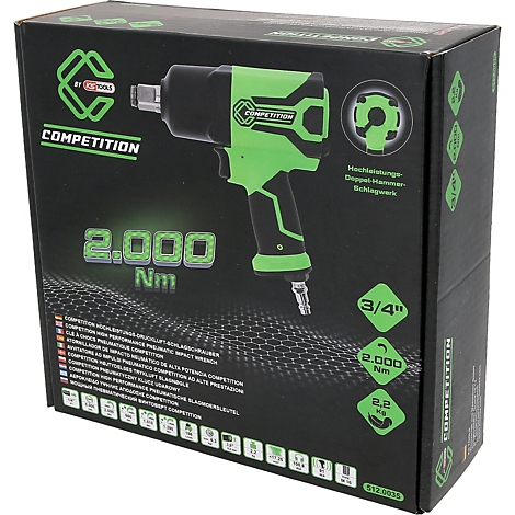 Schwarze Produktverpackung eines grünen KS Tools Druckluft-Schlagschraubers mit 2.000 Nm Beschriftung.