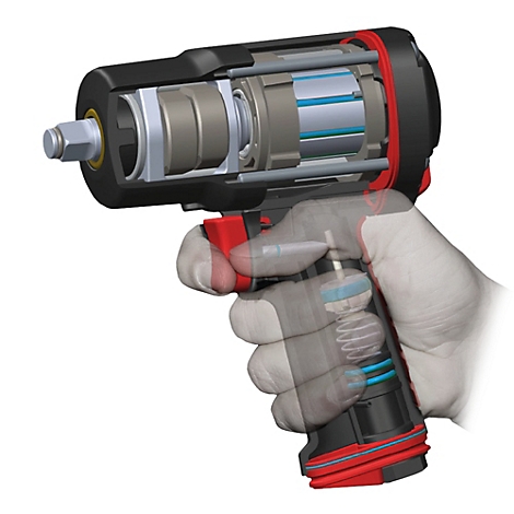 Querschnitt eines Druckluft-Schlagschraubers, in einer Hand gehalten, zeigt das innere mechanische Design.