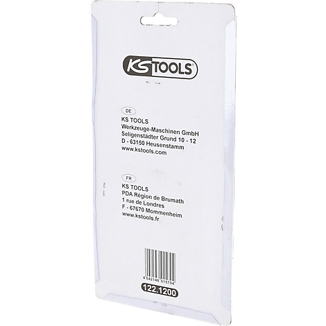 Dos d'un emballage blister transparent KS Tools avec adresses de l'entreprise et code-barres.