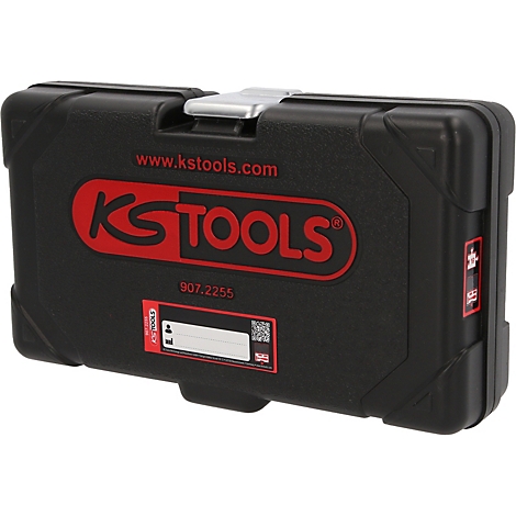 Schwarzer Werkzeugkoffer von KS Tools mit rotem Logo und Verschluss.