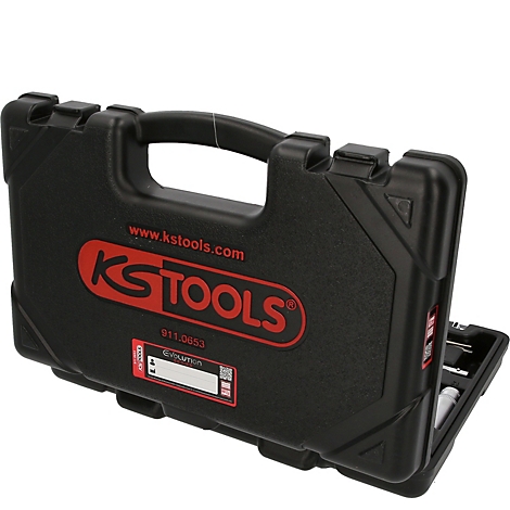 Schwarzer KS TOOLS Werkzeugkoffer aus Kunststoff mit rotem Logo vor weißem Hintergrund.
