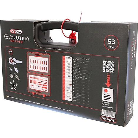 Schwarzer Werkzeugkoffer der KS Tools Evolution Serie mit 53 Teilen, inklusive Inhaltsübersicht und Tragegriff.