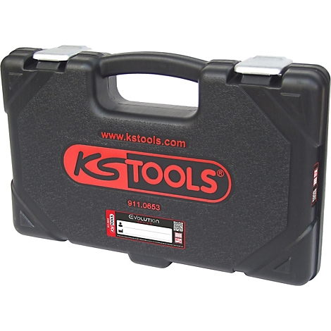 Schwarzer Werkzeugkoffer von KS Tools mit rotem Logo, Tragegriff und silbernen Metallverschlüssen.