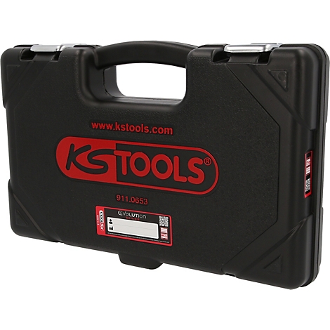 Schwarzer Werkzeugkoffer aus Kunststoff von KS Tools mit rotem Logo auf der Vorderseite.