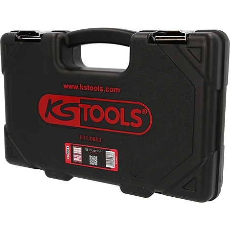 Schwarzer Kunststoff-Werkzeugkoffer von KS Tools mit rotem Logo, Tragegriff und Metallverschlüssen.
