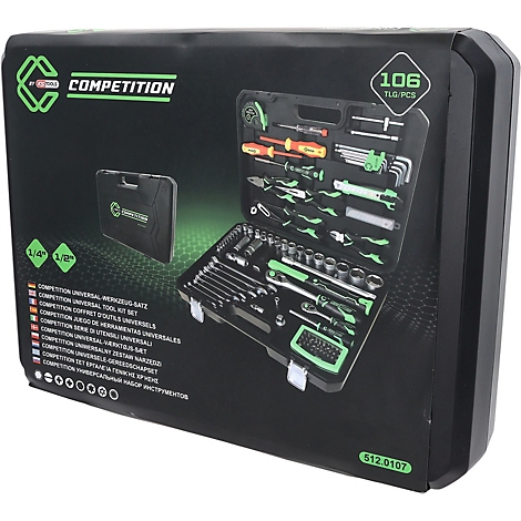 KS Tools Werkzeugkoffer Competition mit 106 Teilen, geöffnet, zeigt sortierte Werkzeuge auf schwarzem Hintergrund.