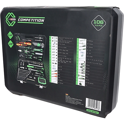 Schwarzer Werkzeugkoffer KS Tools Competition mit 106 Teilen, detaillierte Inhaltsübersicht auf der Vorderseite.