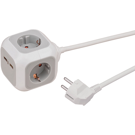 Witte kubus meervoudige socket met drie stopcontacten, USB-poorten en stekker.