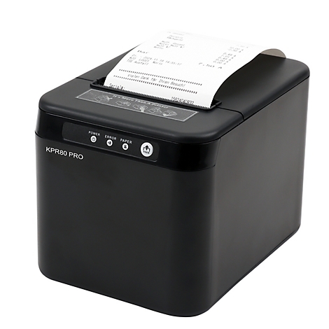 Schwarzer Kassenbon-Drucker mit ausgedrucktem Papier. Auf der Vorderseite sind die Aufschriften "KPR80 PRO", "Power", "Error" und "Paper" zu sehen.