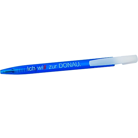 Blauer Kugelschreiber mit weißem Clip, Text: Ich will zur DONAU.