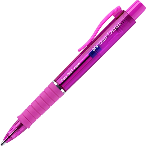 Ein violetter Faber-Castell Poly Ball View Kugelschreiber mit Clip vor weißem Hintergrund.